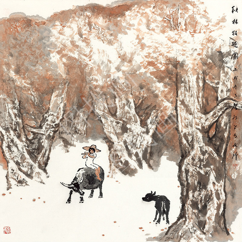 近现代 邵声朗 秋林牧趣图 40x40cm